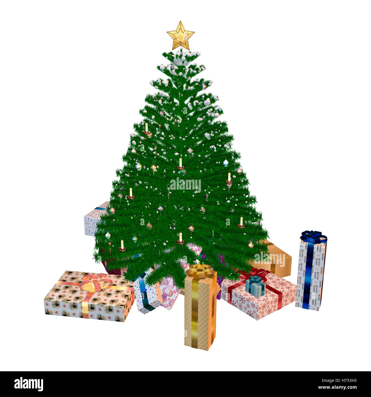 3D rendering of a Christmas tree and gifts isolated on white background ...
