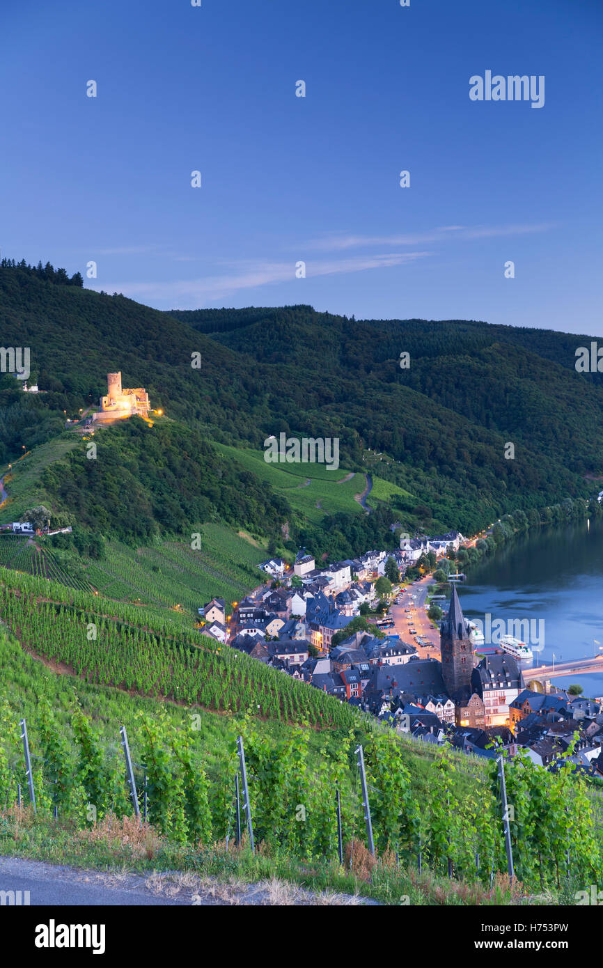 View of vineyards and River Moselle at dusk, Bernkastel-Kues, Rhineland-Palatinate, Germany Stock Photo