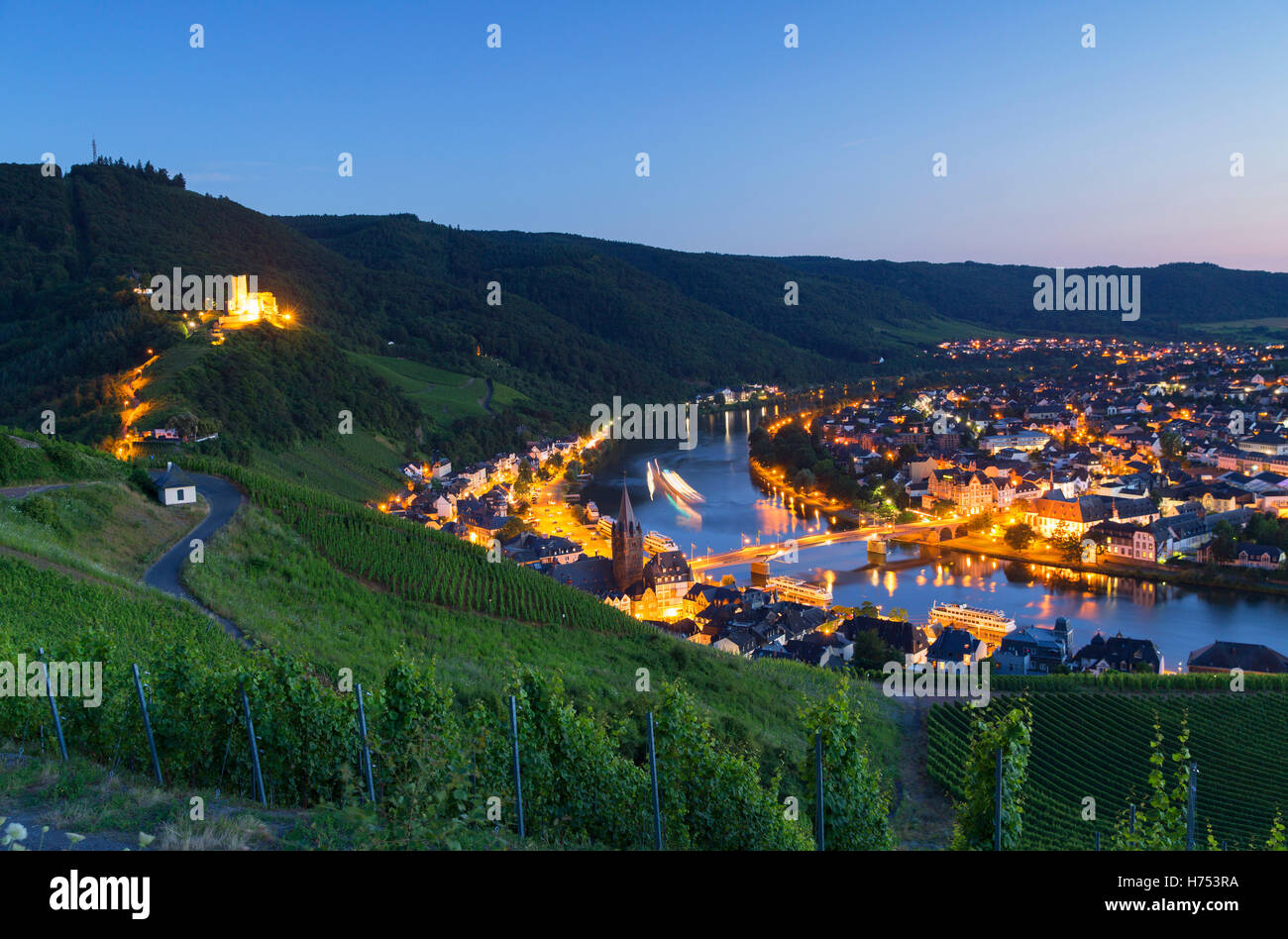 View of vineyards and River Moselle at dusk, Bernkastel-Kues, Rhineland-Palatinate, Germany Stock Photo