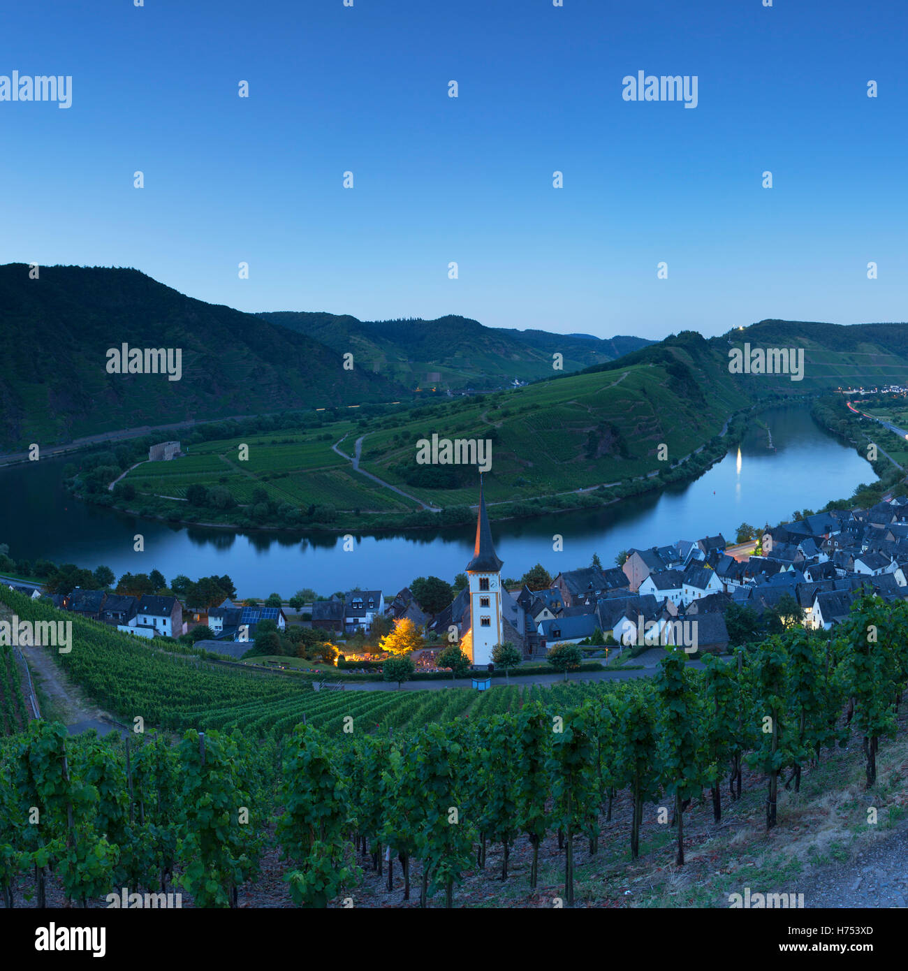 View of River Moselle at dusk, Bremm, Rhineland-Palatinate, Germany Stock Photo
