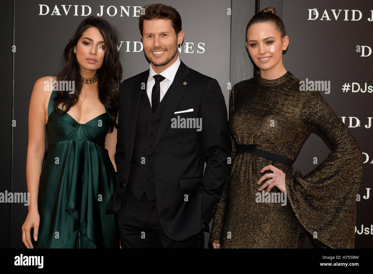 Sydney, Australia. 02nd Nov, 2016. David Jones Ambassadors (L-R) Jessica Gomes, Jason Dundas and Jesinta Campbell poses for photographs during celebrations for the opening of a new signature ‘boutique' store in Barangaroo South in Sydney. Credit:  Hugh Peterswald/Pacific Press/Alamy Live News Stock Photo