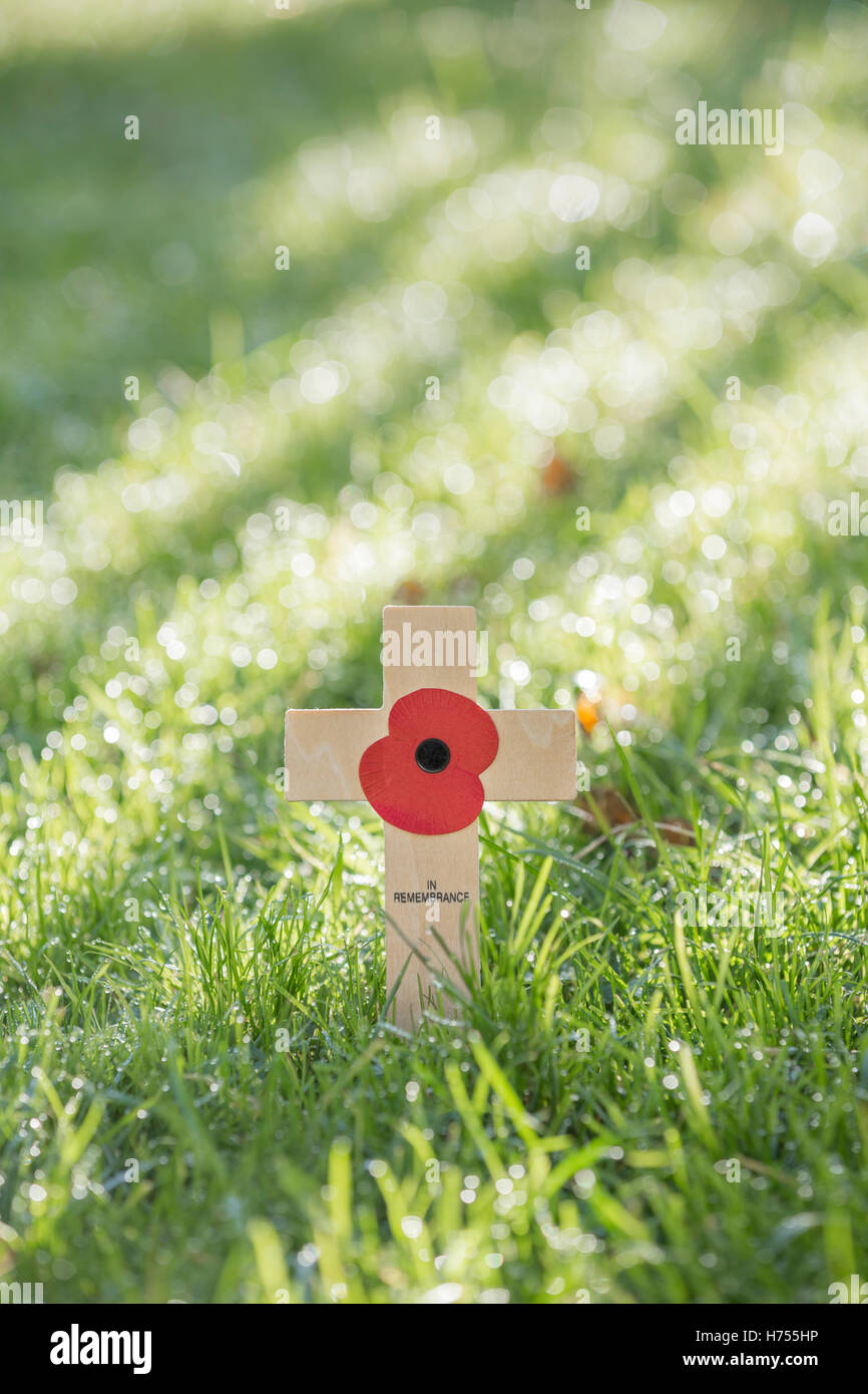 Small wooden cross of remembrance on a lawn. Stock Photo