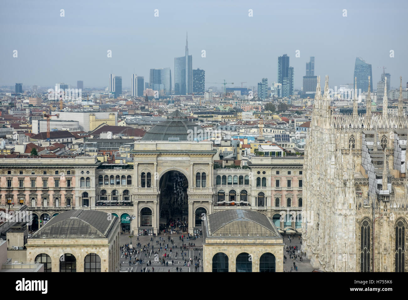Milan skyline. The picture shows piazza Duomo with the cathedral and the new buildings of the Garibaldi district. End of 2016 Stock Photo