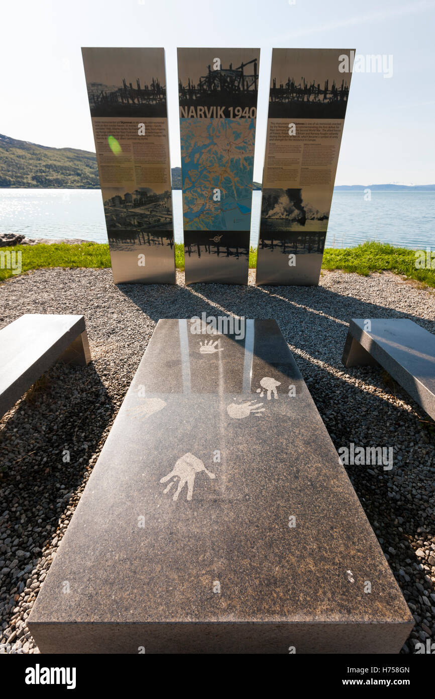 Childrens hand prints. Battle of Narvik 1940 memorial at Skomnes, Nordland, Norway. Stock Photo
