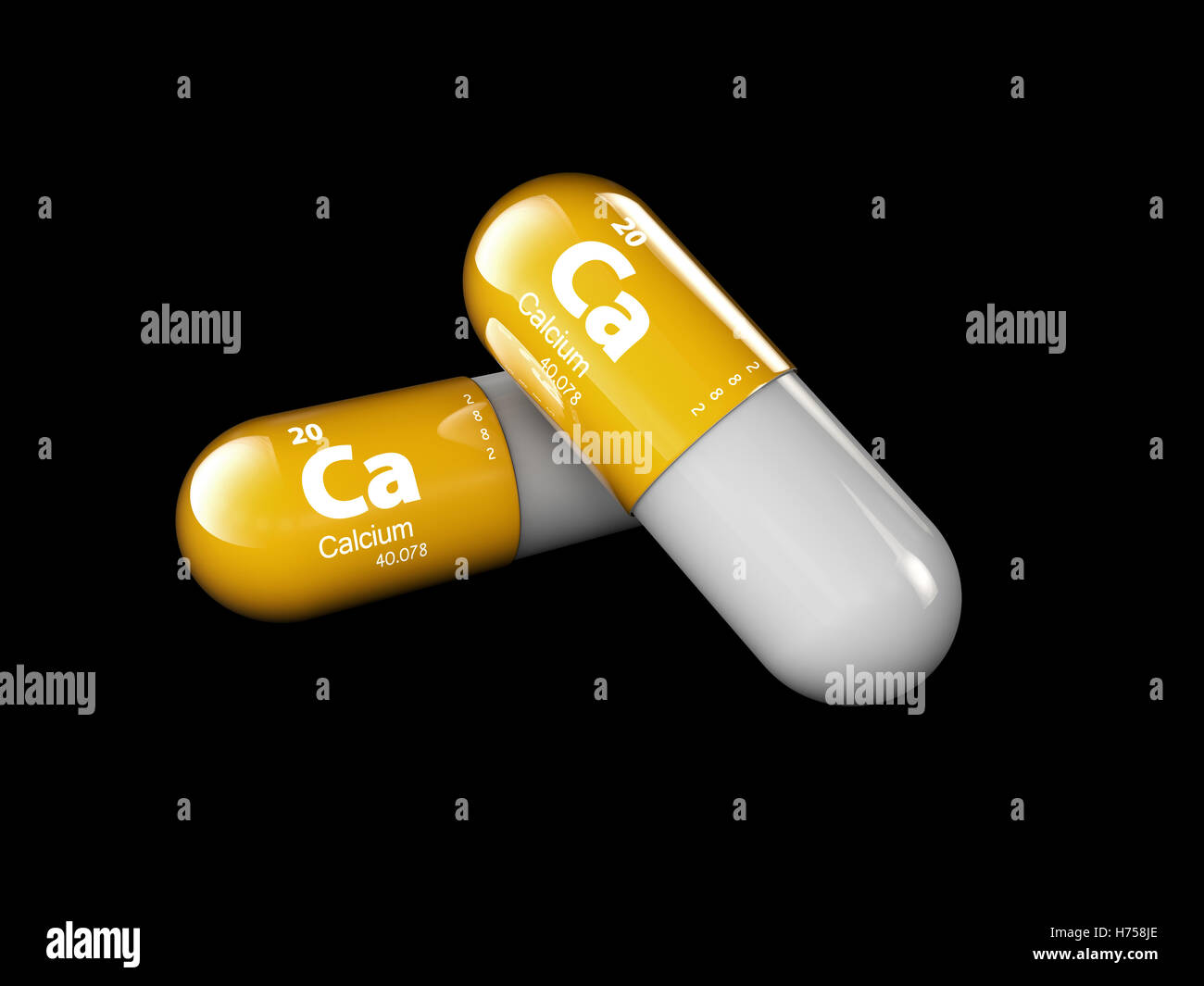 illustration of Calcium mineral. Glossy drop pill capsule and vitamin