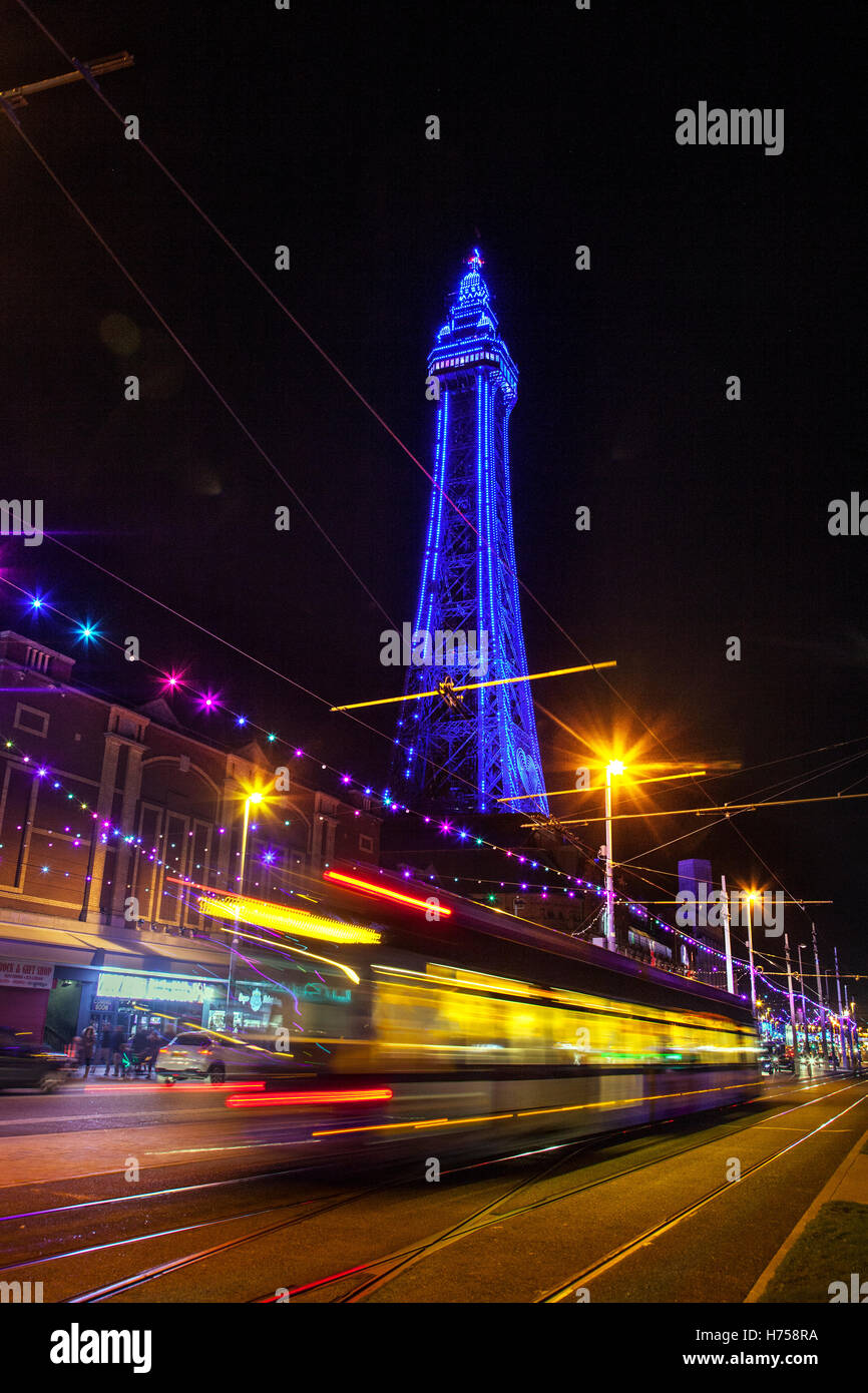 Blackpool Tower at night, Lancashire, UK. Lightpool Festival launches at home of Blackpool Illuminations. Blackpool town centre has been transformed with more than 30 installations and sculptures, as the first Lightpool Festival gets under way in the resort. The installations create a 4km (2.5m) walking route around the town and are on display until Wednesday. Stock Photo