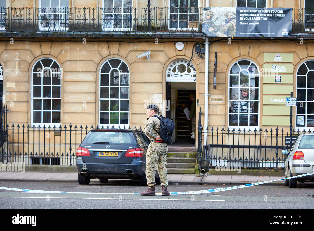 General view of scene following the discovery of a viable explosive device inside the army recruitment office in St Giles, Oxford Stock Photo