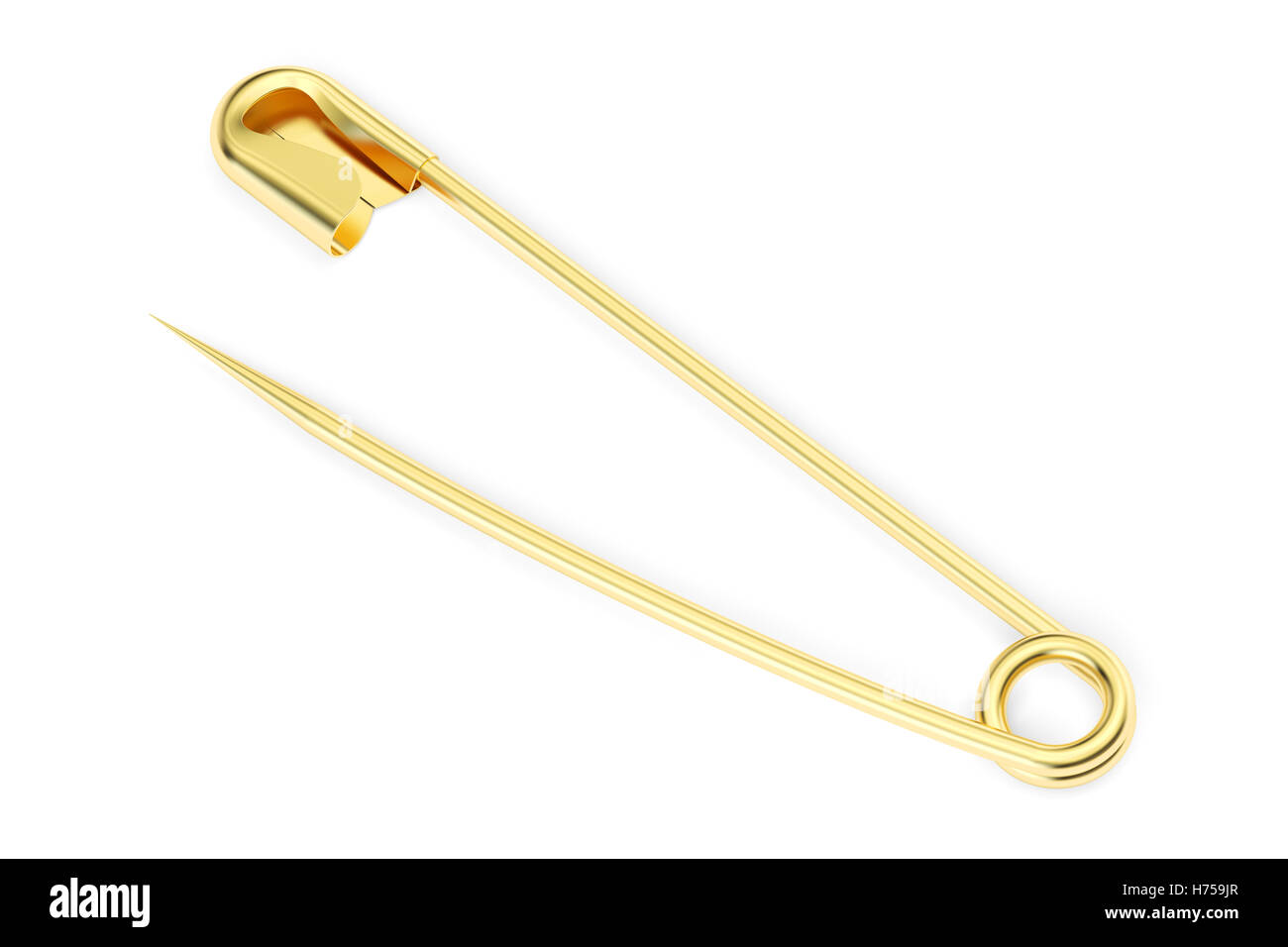 golden safety pin, 3D rendering isolated on white background Stock