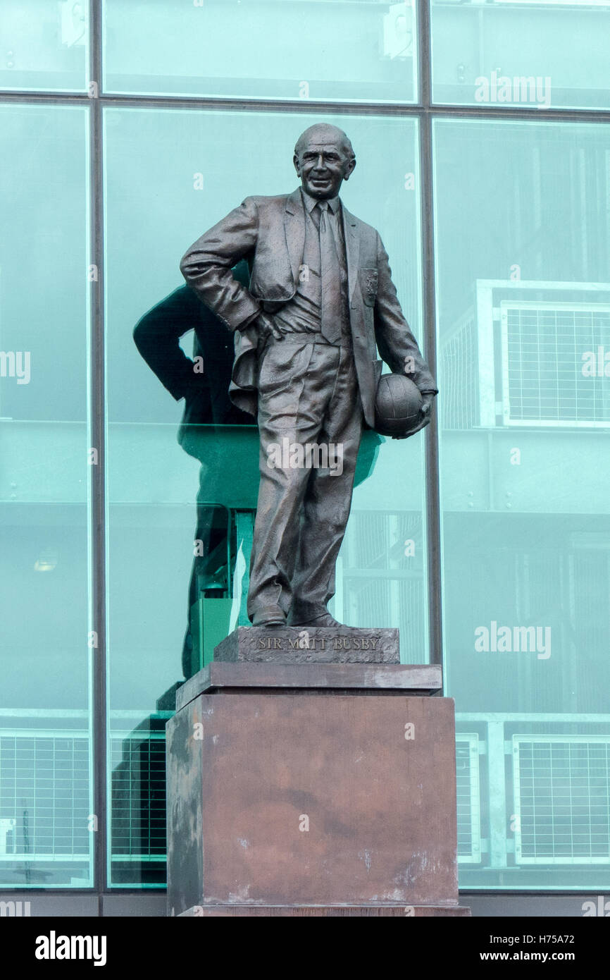 A statue of Sir Matt Busby Way is displayed outside Manchester United Stadium in Manchester. Stock Photo