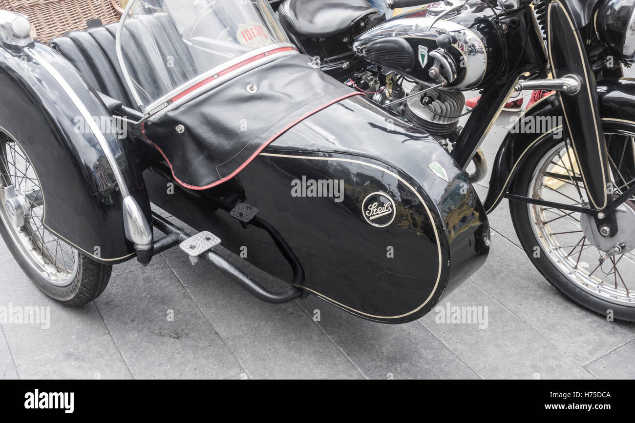 DKW Auto Union motorcycle with sidecar at classic bike rally. Stock Photo