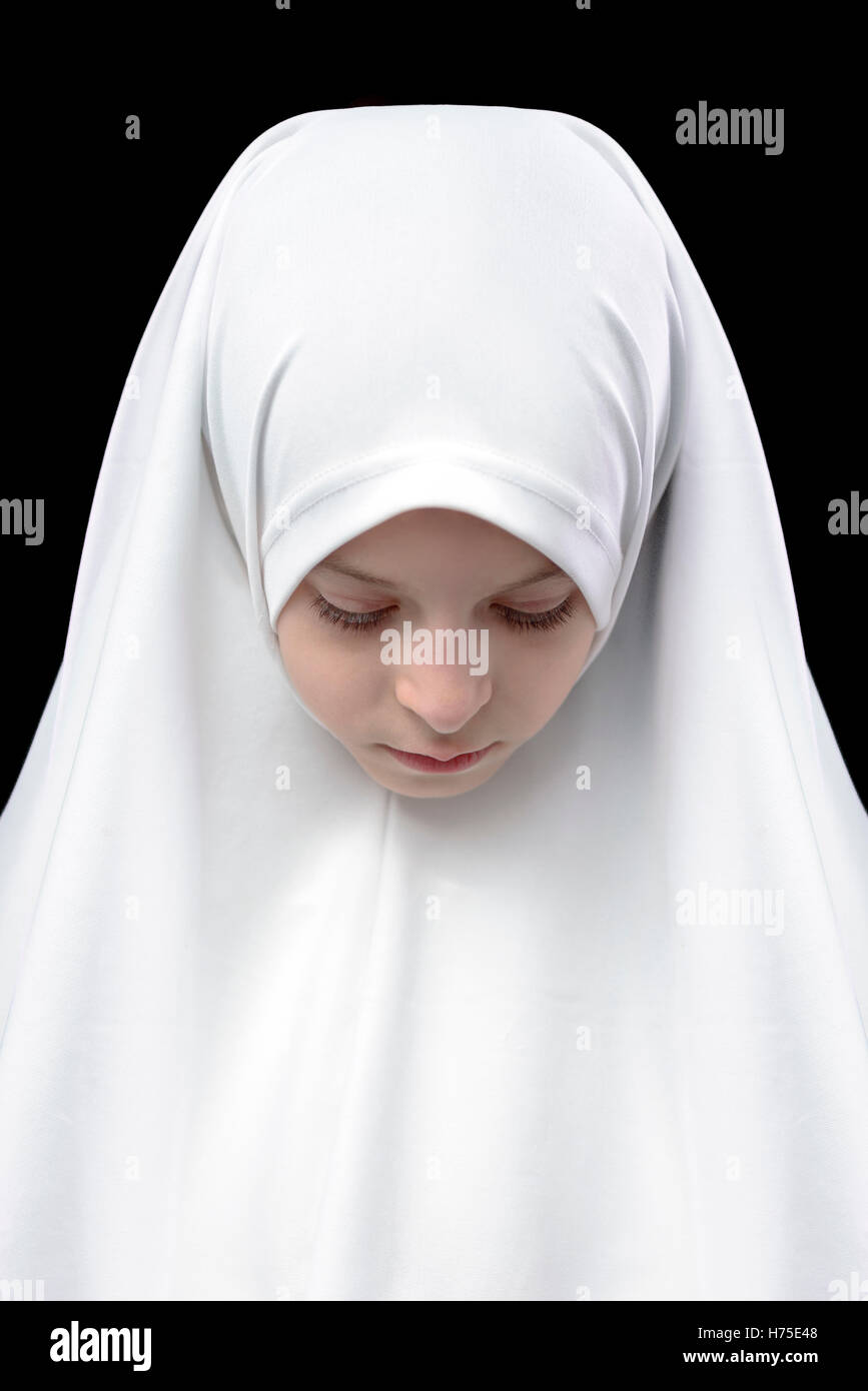 Muslim Girl in Hejab on Black Background Stock Photo
