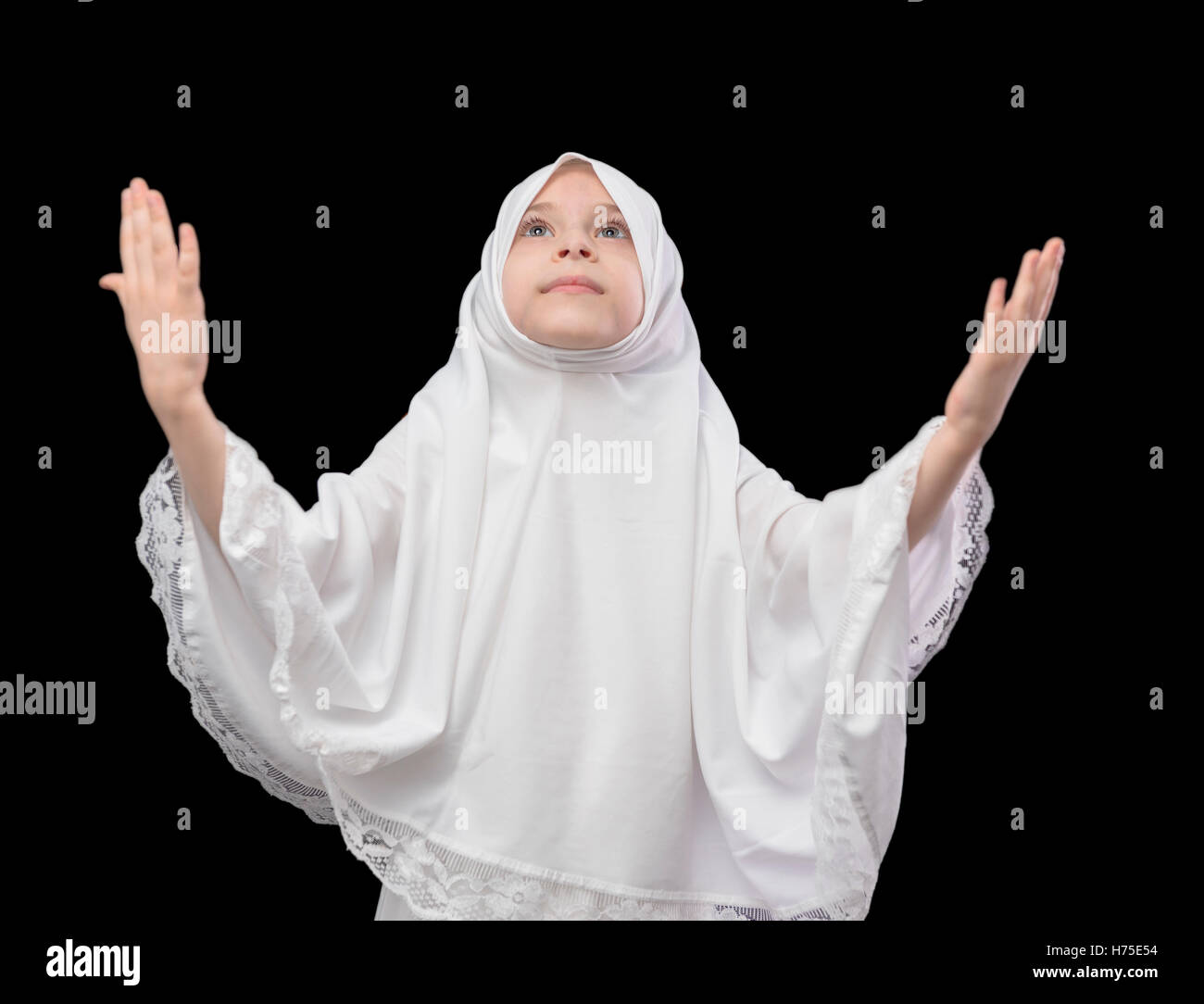 Muslim Girl Prayer on Black Background Stock Photo