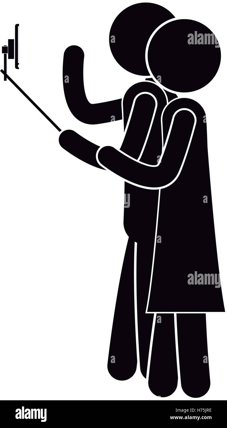 avatar pictogram person using a selfie stick and smartphone device taking a photo selfie. vector illustration Stock Vector