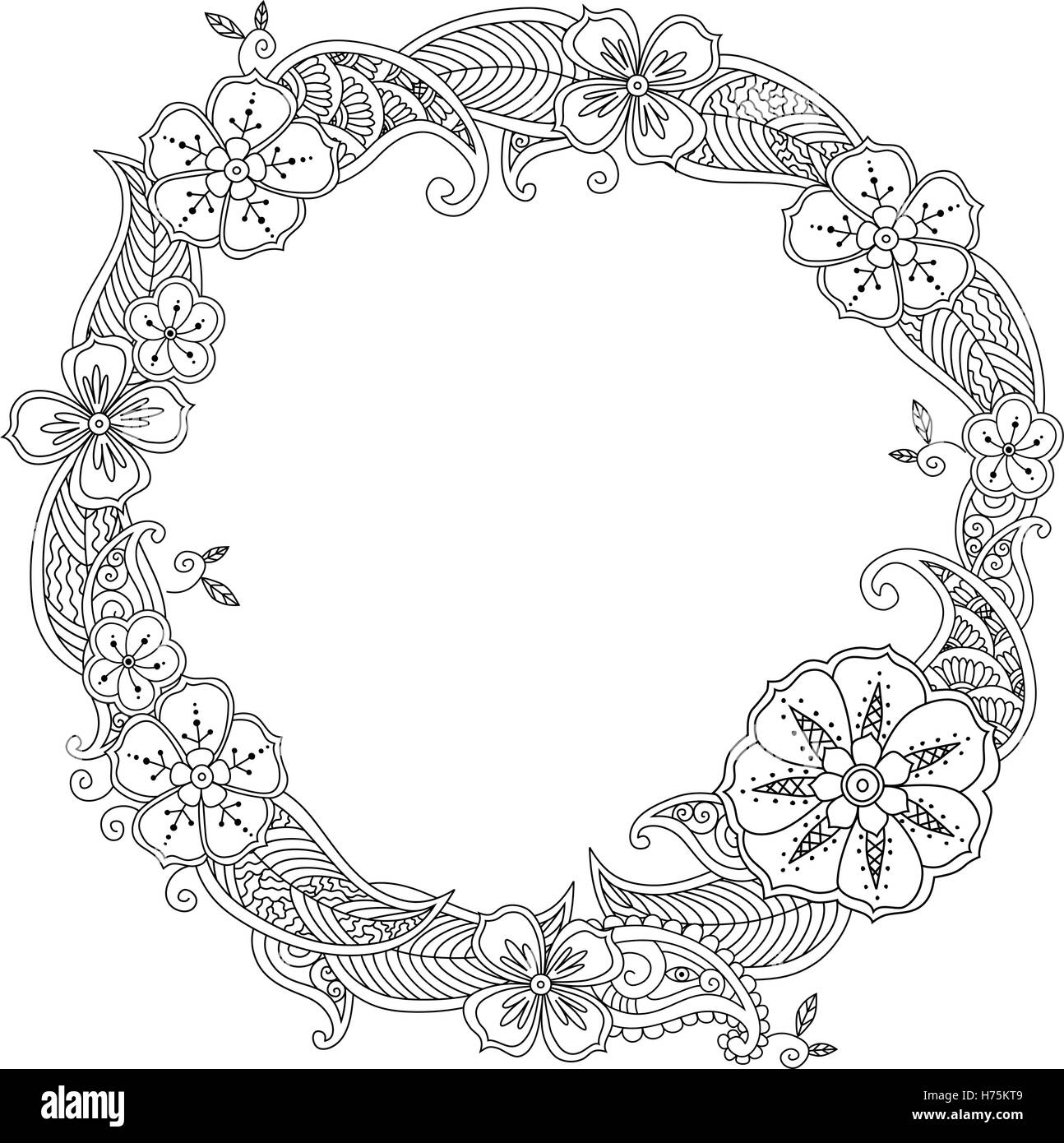 Floral hand drawn round frame in zentangle style isolated on white