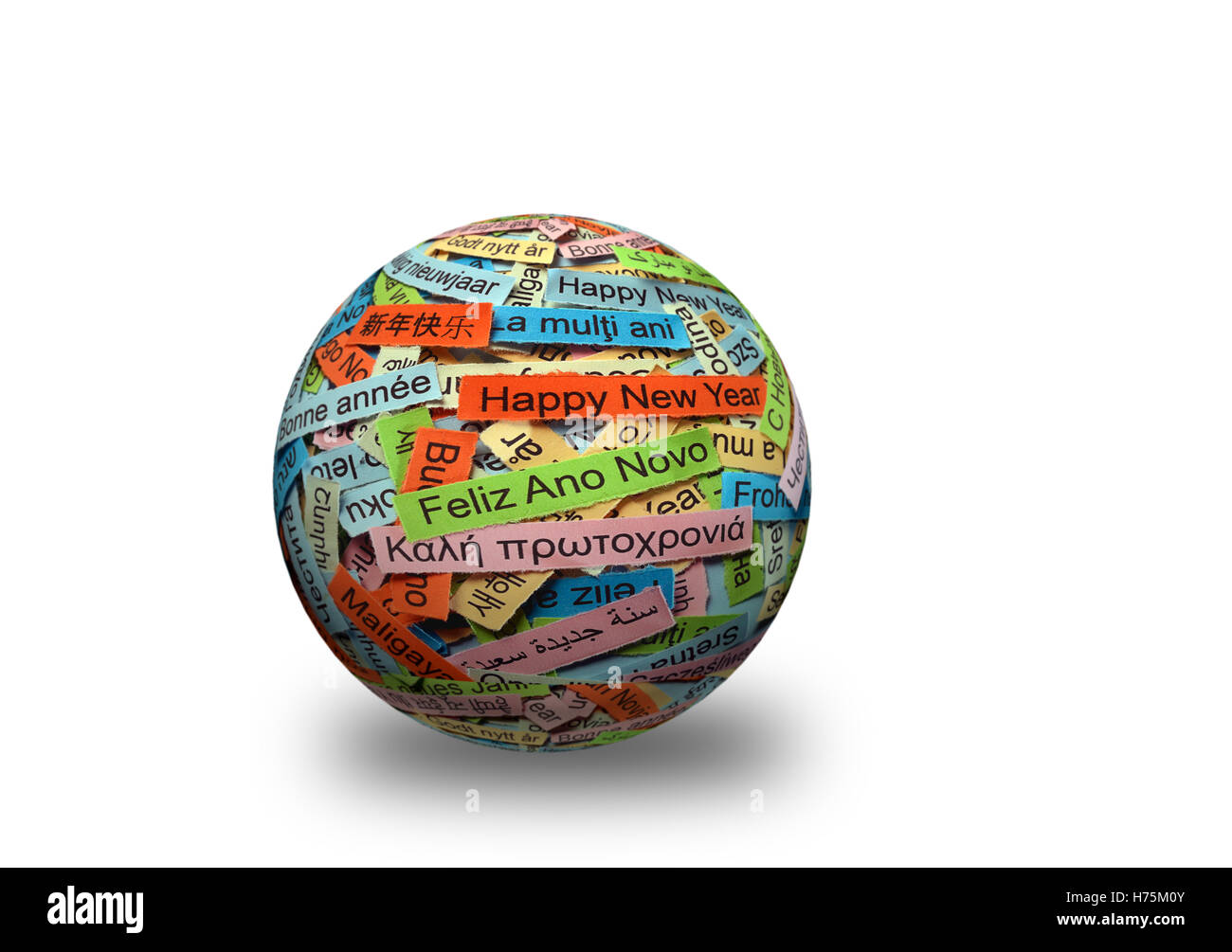 Happy New Year  Word Cloud printed on colorful paper different languages on 3d sphere Stock Photo