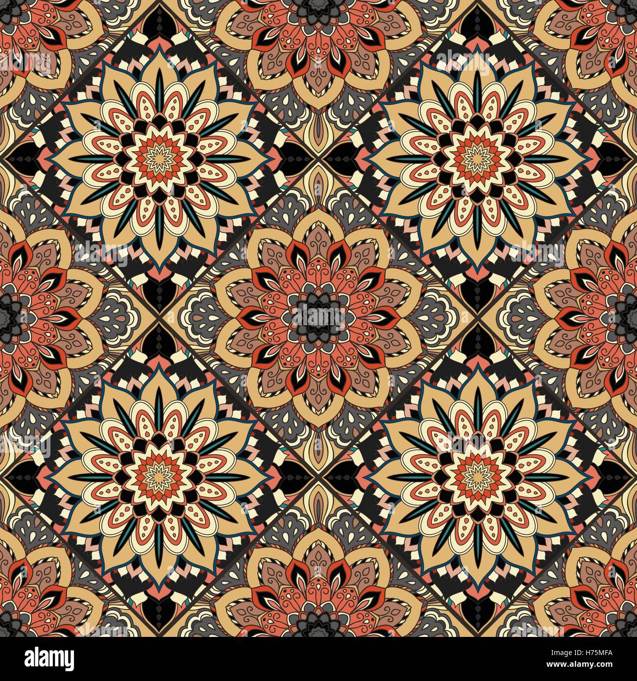 Bright Mandala Pattern. Seamless tile patchwork ornament. Intricate