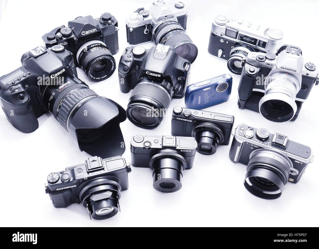 collection of film and digital cameras Stock Photo
