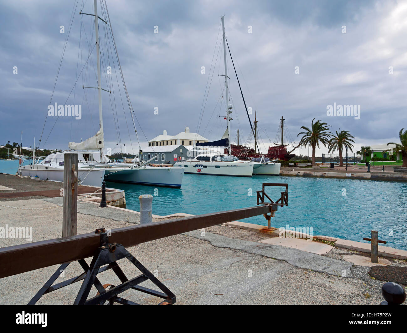 Ducking stool and Ordinance Island, St George, Bermuda Stock Photo