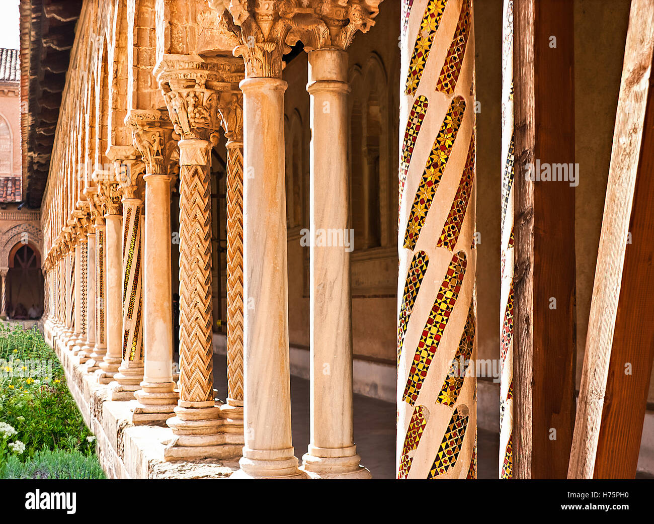 the columns of courtyard of Monreale cathedral are all different and beautiful. Sicily Stock Photo