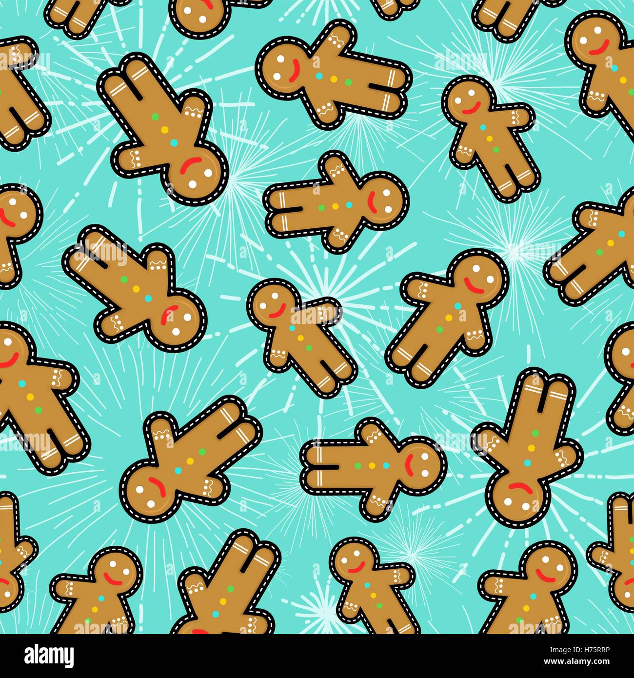 Seamless pattern with gingerbread man cookie patch icon for holiday decoration background. EPS10 vector. Stock Vector