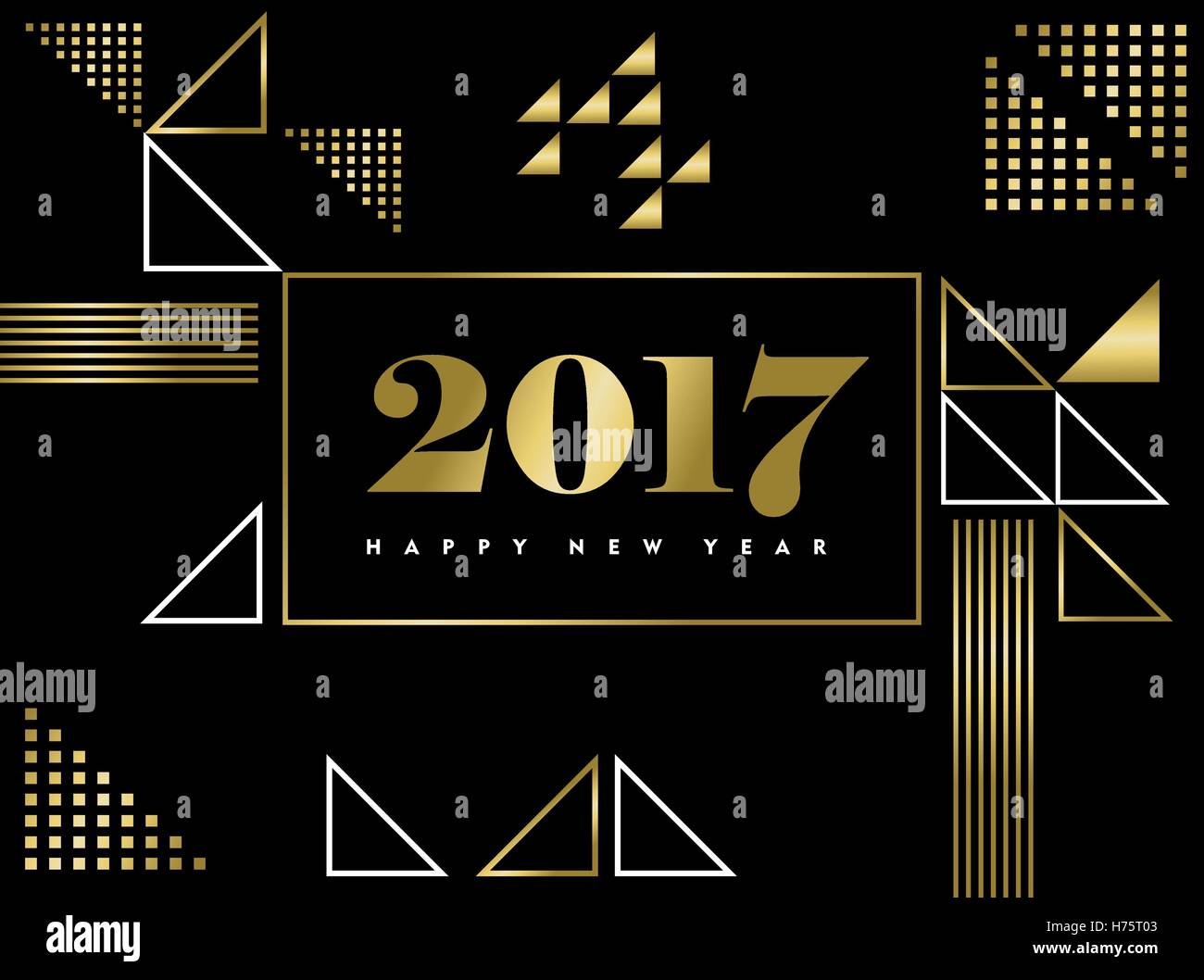 Gold Happy New Year 2017  modern greeting card design with geometric shapes background. EPS10 vector. Stock Vector