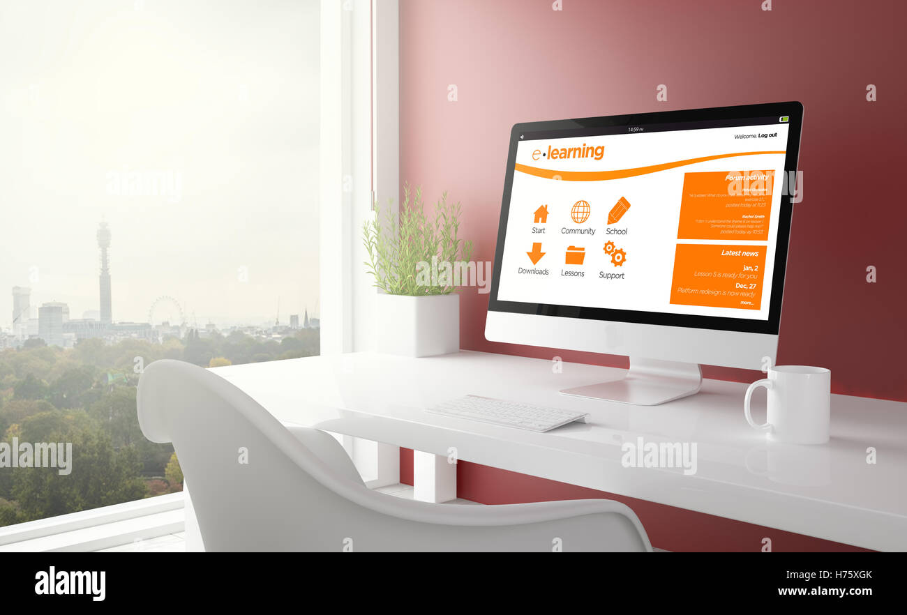 red studio with e-learning on screen computer with london skyline in ...