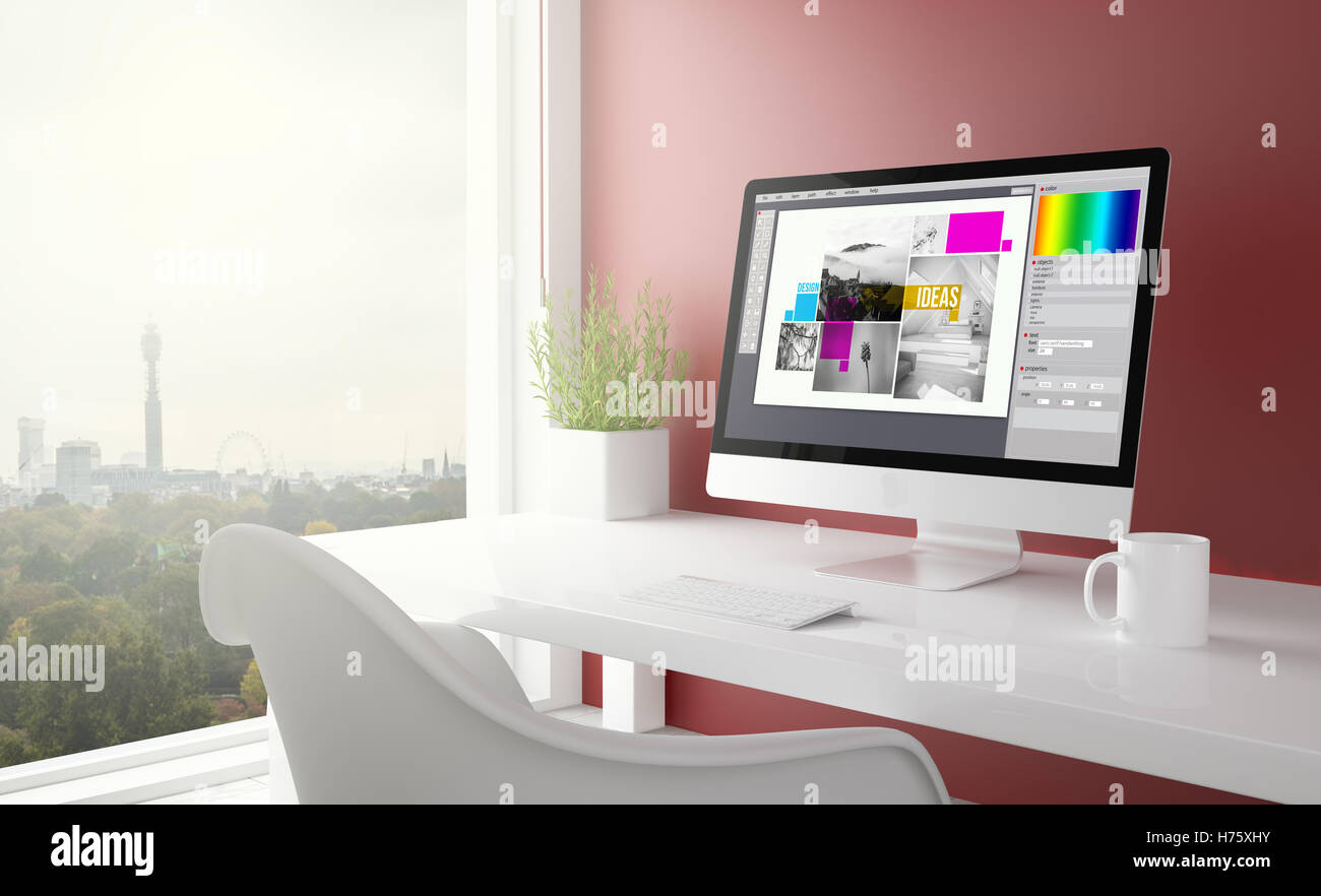 red studio with graphic design computer with london skyline in the ...
