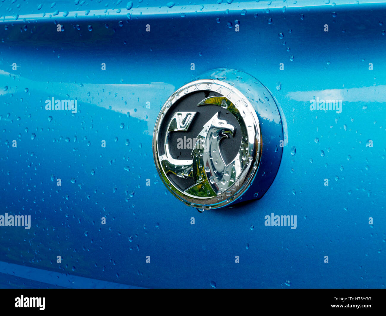 Close up view of metallic blue 2016 model Vauxhall Corsa car with water drops on body and logo Stock Photo