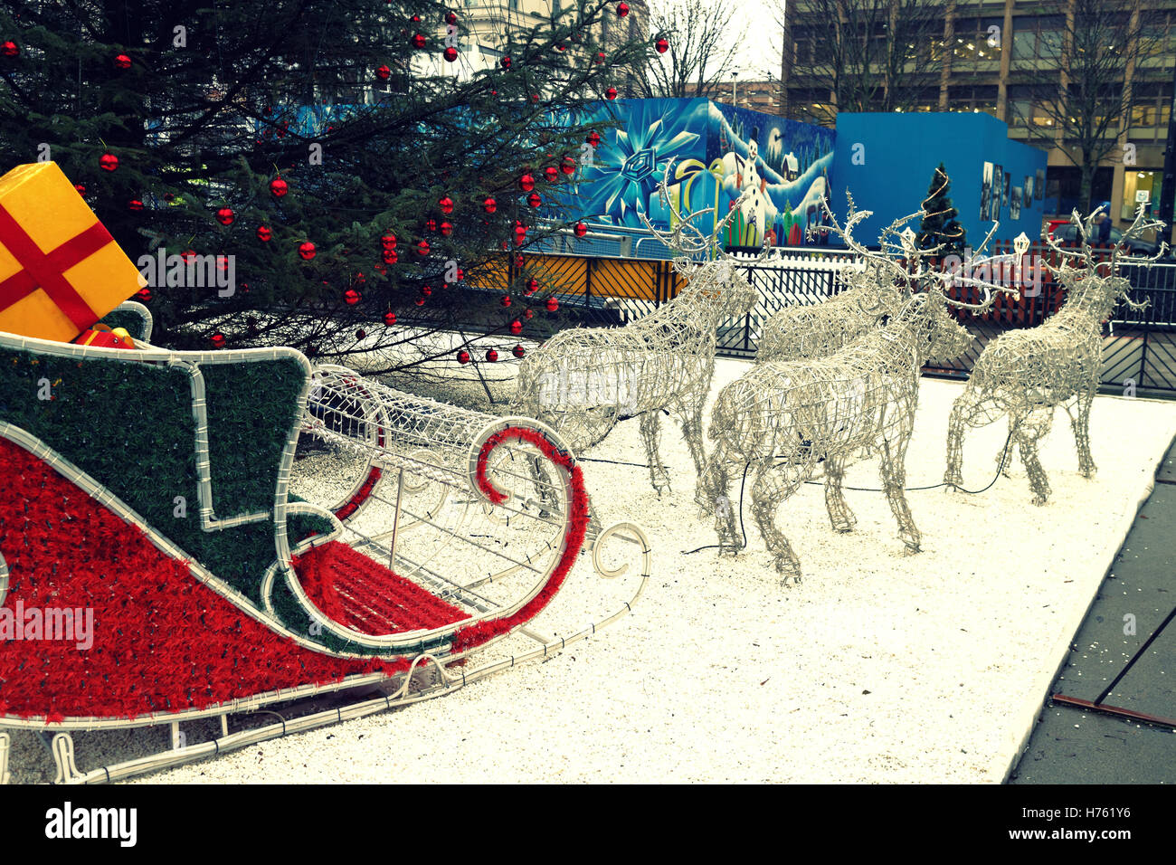 Glasgow Loves Christmas celebration George Square lights reindeer and sleigh decorations Glasgow Christmas Market Stock Photo