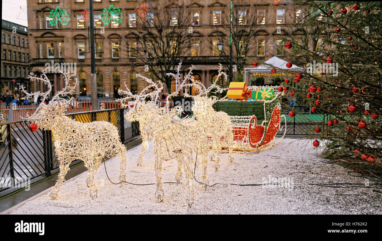 Glasgow Loves Christmas celebration George Square lights reindeer and sleigh decorations Glasgow Christmas Market Stock Photo