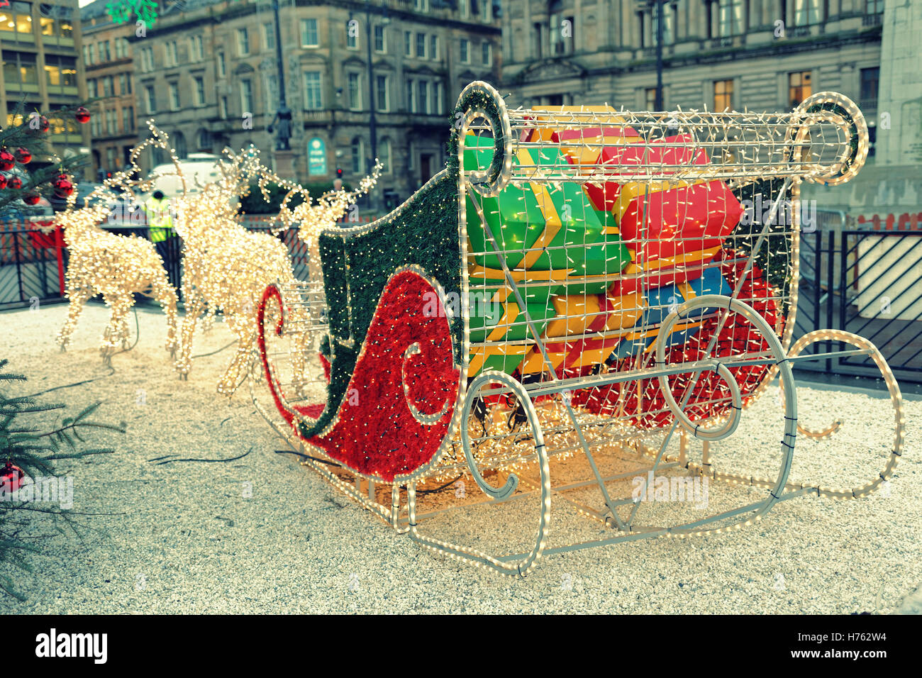 Glasgow Loves Christmas celebration George Square lights reindeer and sleigh decorations Glasgow Christmas Market Stock Photo
