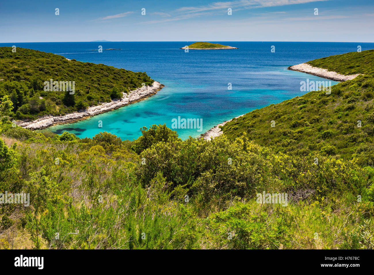 Pakleni islands. Paklinski otoci. Bay and Mediterranean vegetation. Adriatic sea. Croatia. Europe. Stock Photo