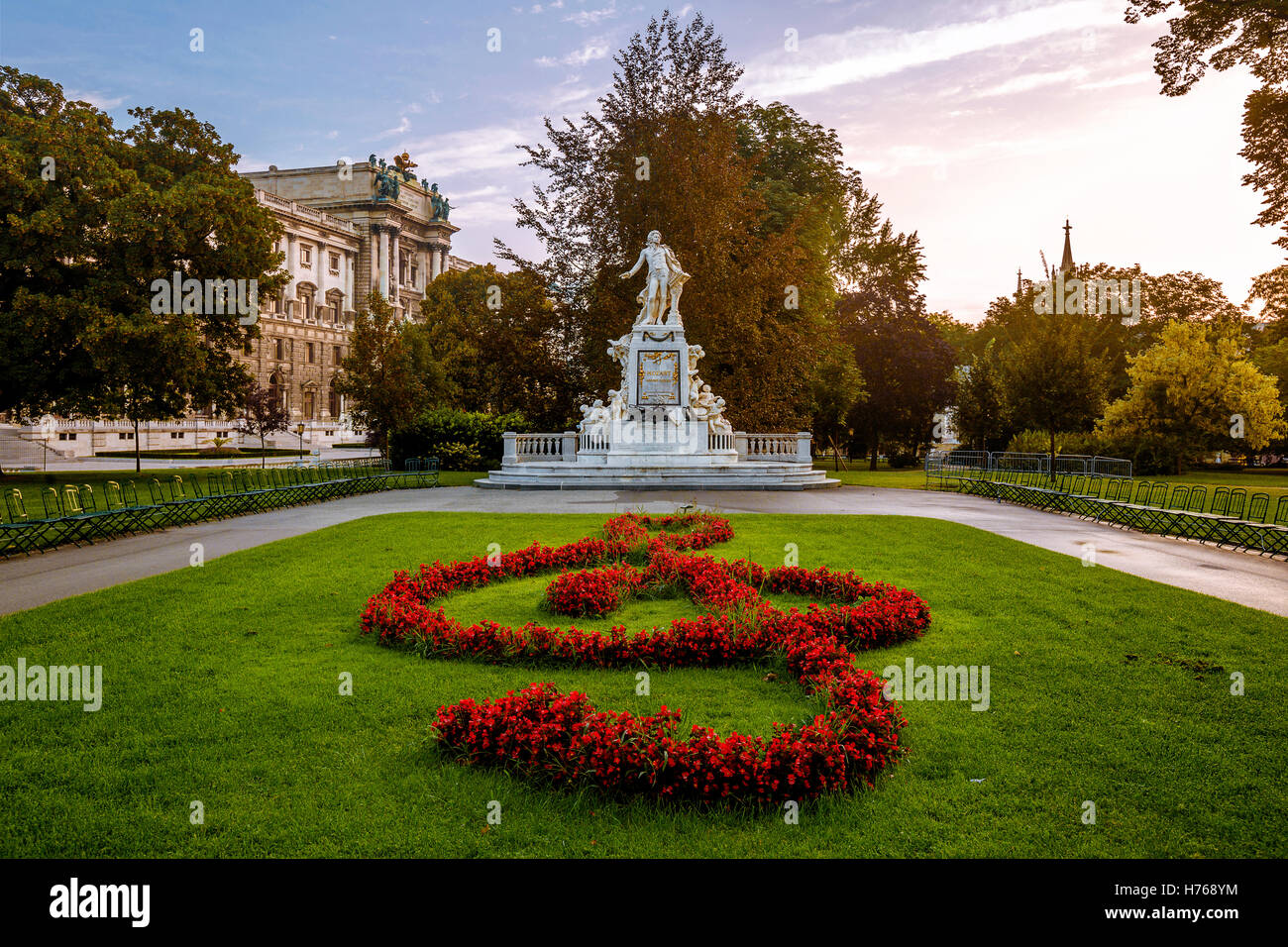 Mozart Monument in the Imperial Palace Gardens at sunrise, Vienna, Austria Stock Photo