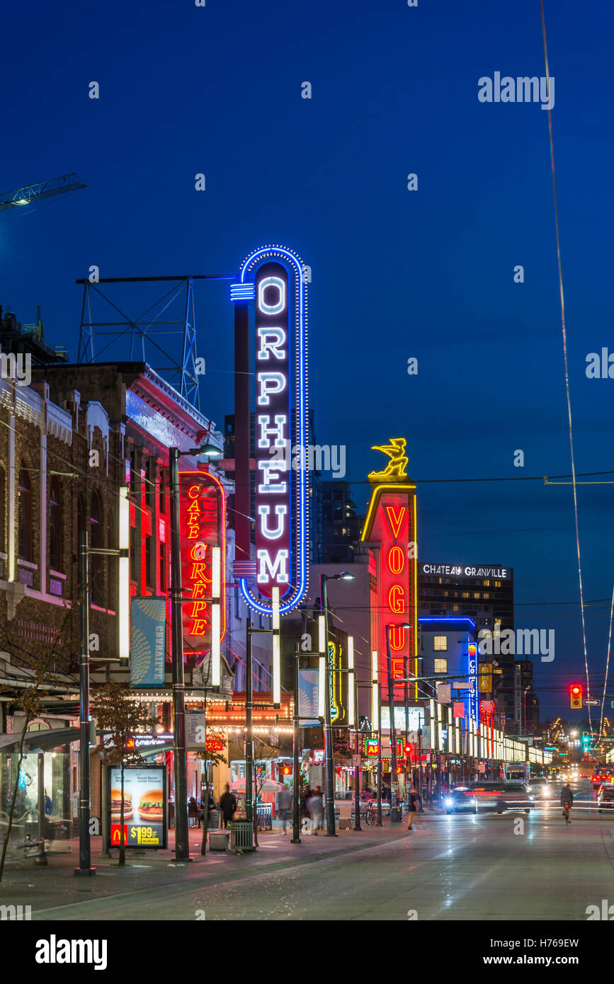 Orpheum and Vogue Theatre neon signs, Granville street at night, downtown, Vancouver, British Columbia, Canada Stock Photo