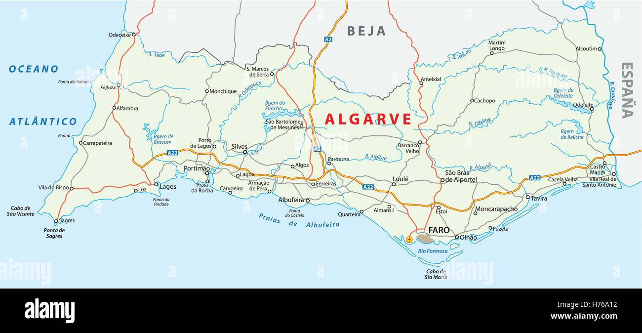 Large detailed road map of Algarve with cities and other marks, Algarve, Portugal, Europe, Mapsland