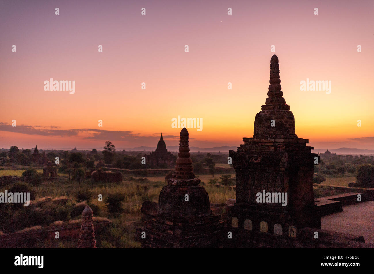 Temples at sunset, Bagan, Mandalay, Myanmar Stock Photo