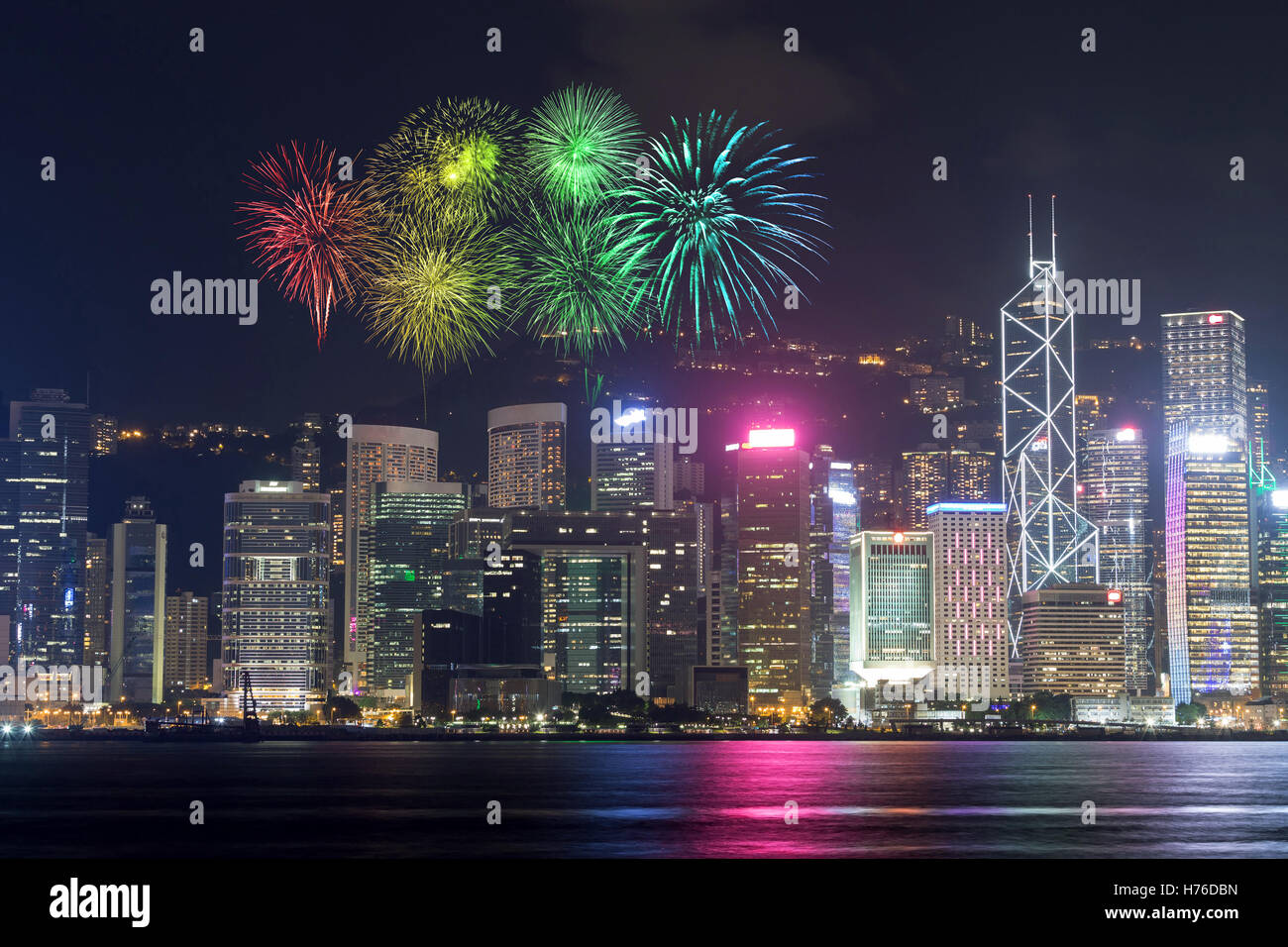 Fireworks Festival over Hong Kong city, view from Victoria Harbour