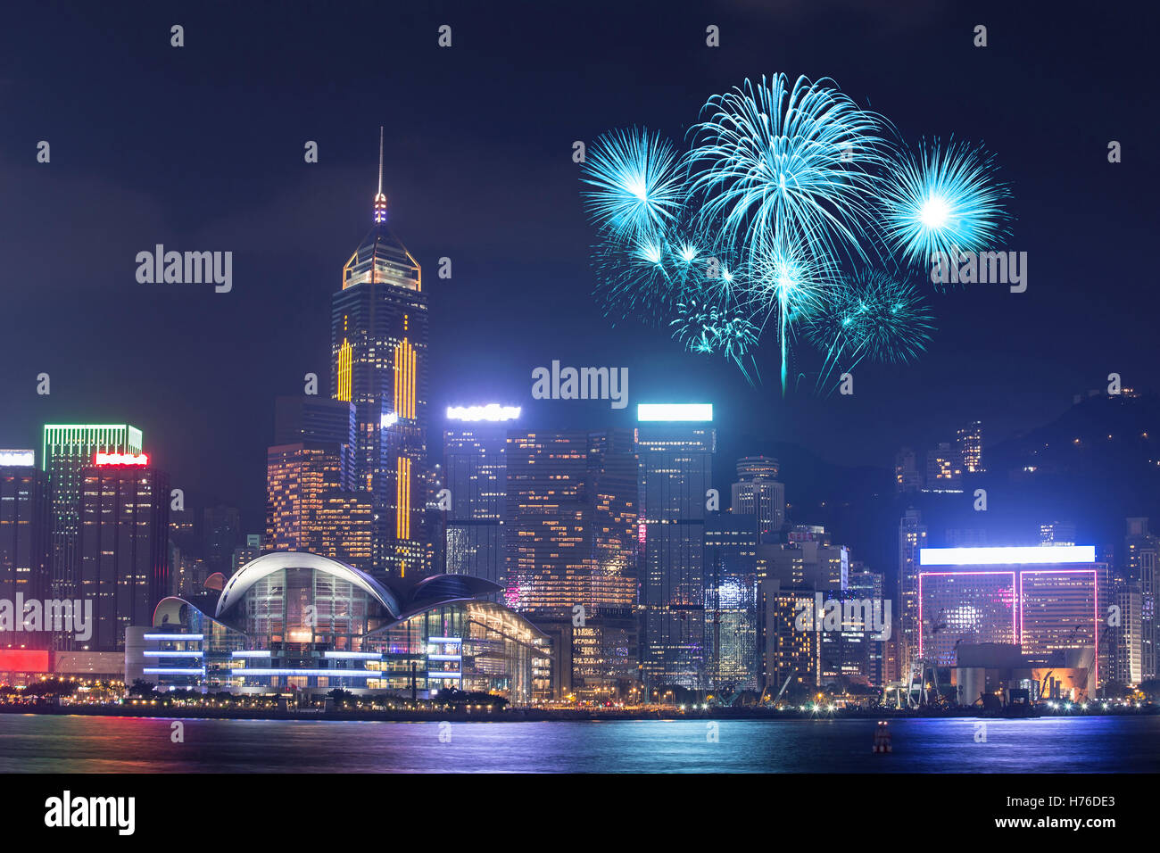 Fireworks Festival over Hong Kong city, view from Victoria Harbour