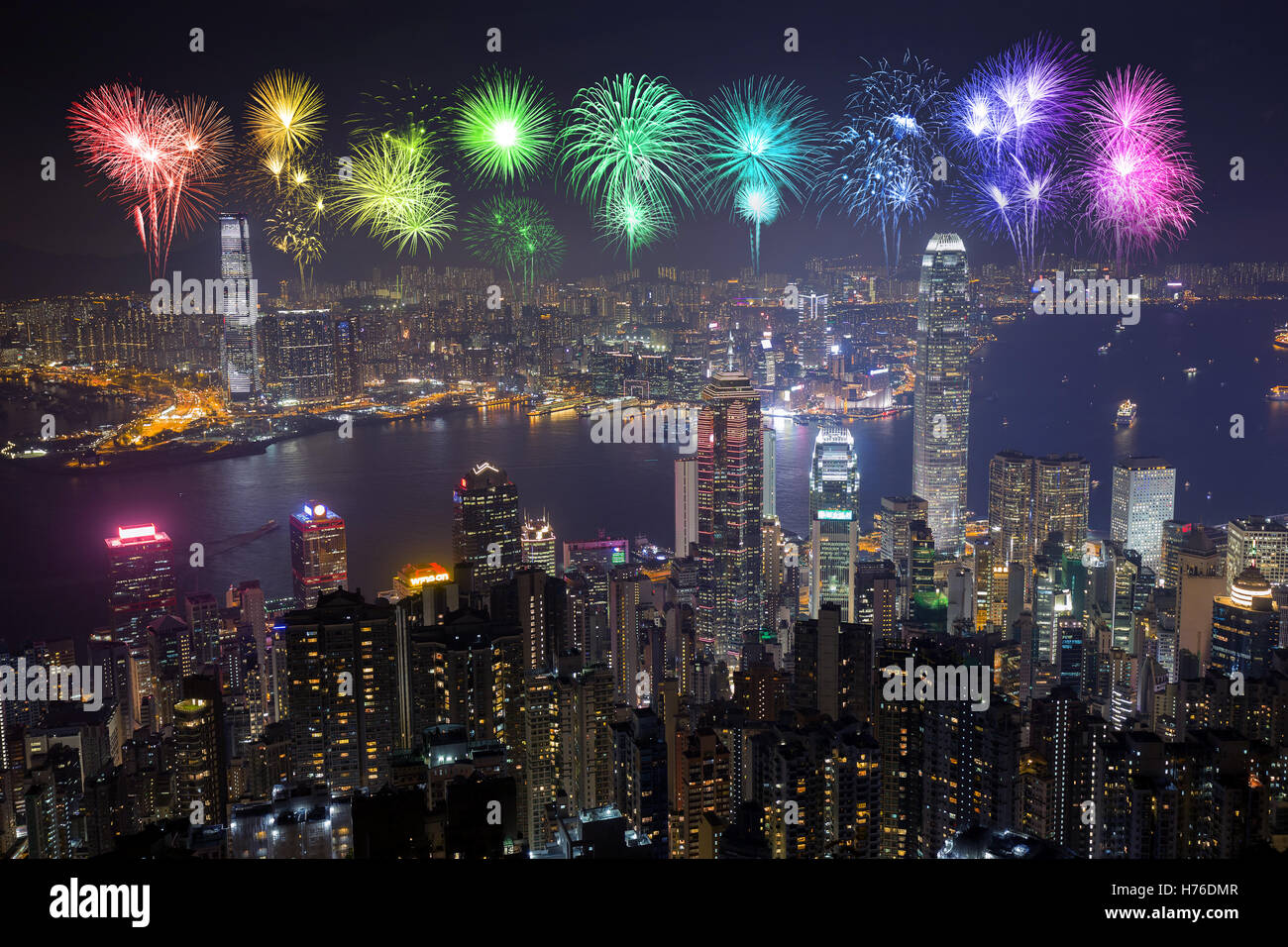 Fireworks Festival over Hong Kong city at night, view from The Peak