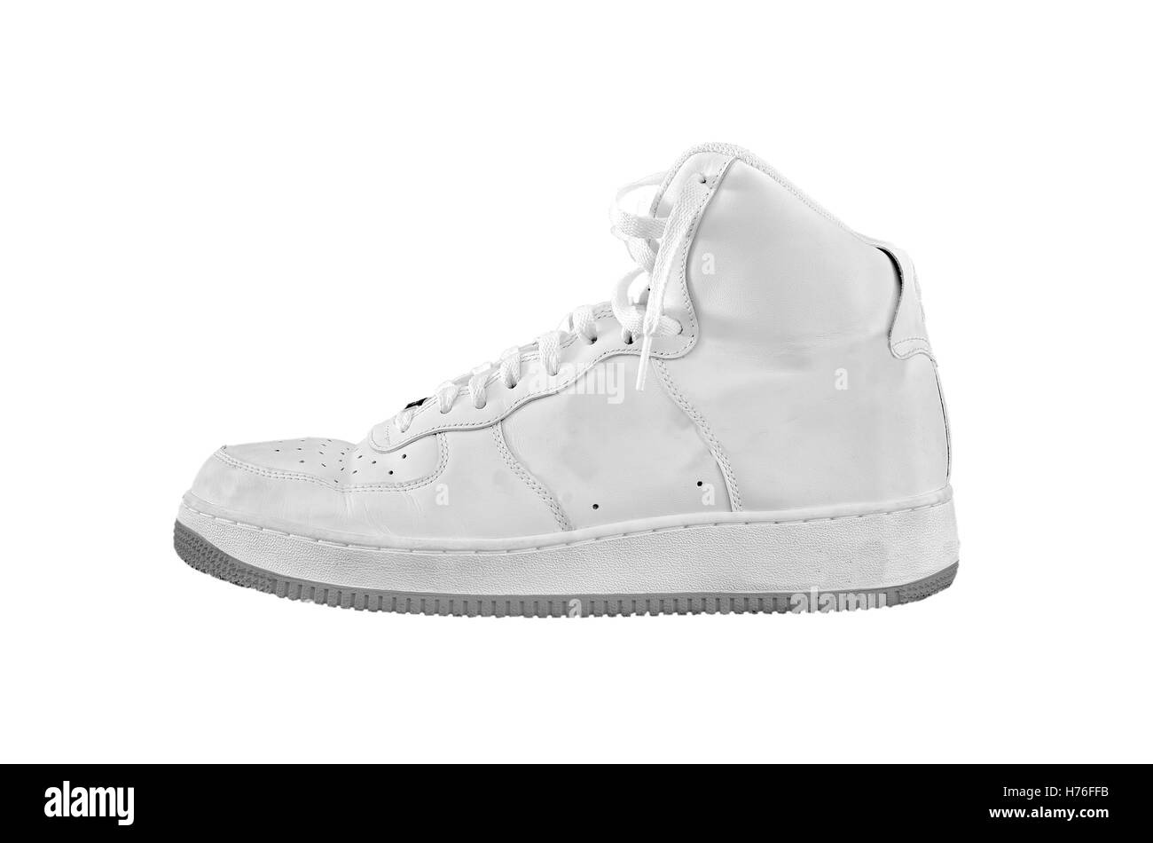 A high-top classic white and gray leather basketball shoe sneaker - isolated on white Stock Photo