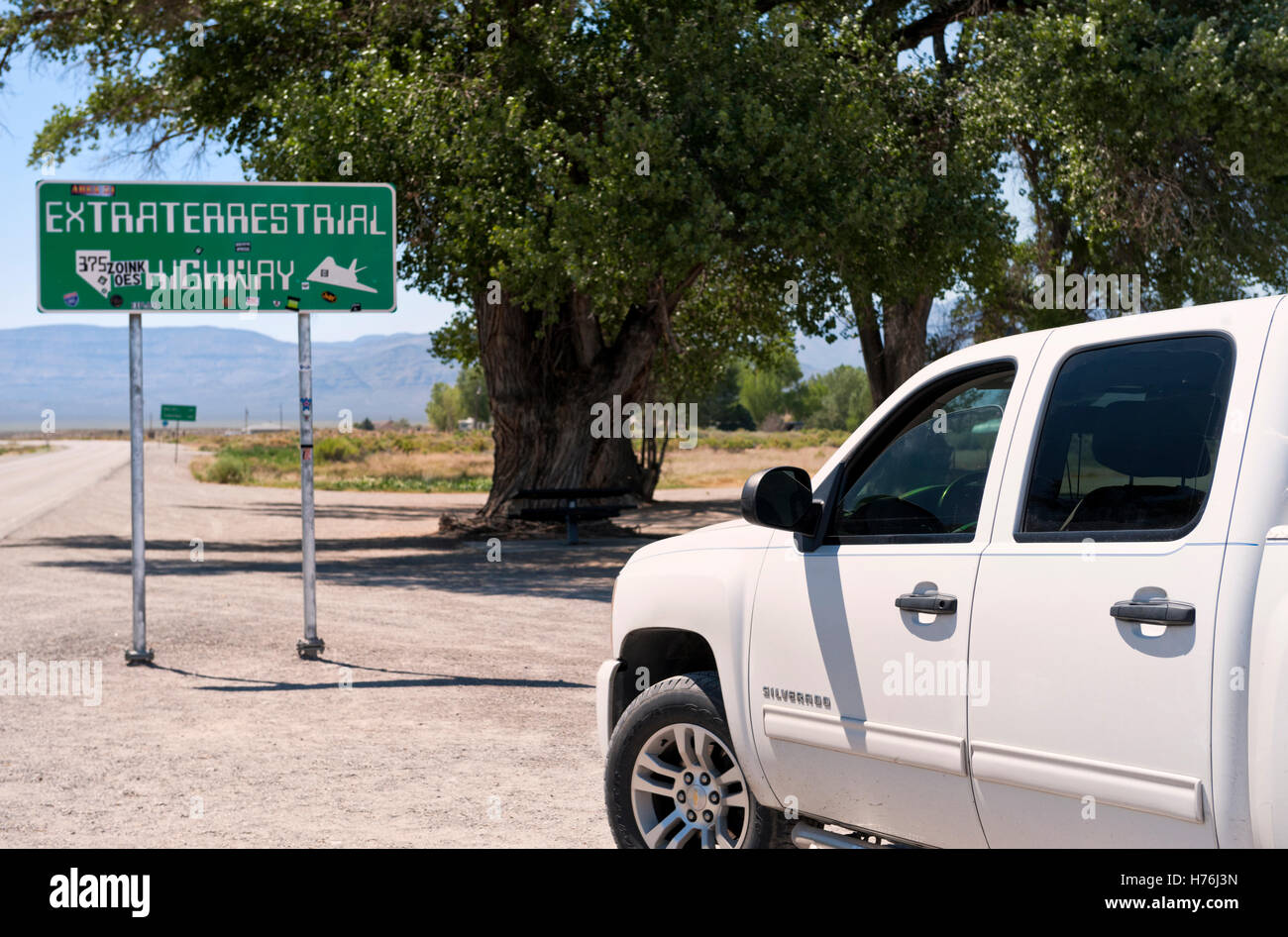 The sign for The Extraterrestrial Highway in central Nevada near 'Area 51' Stock Photo