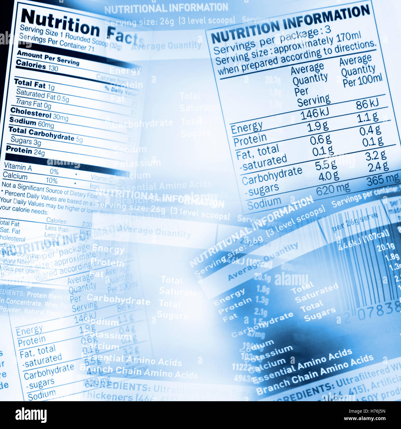 Nutrition information facts on assorted food labels Stock Photo