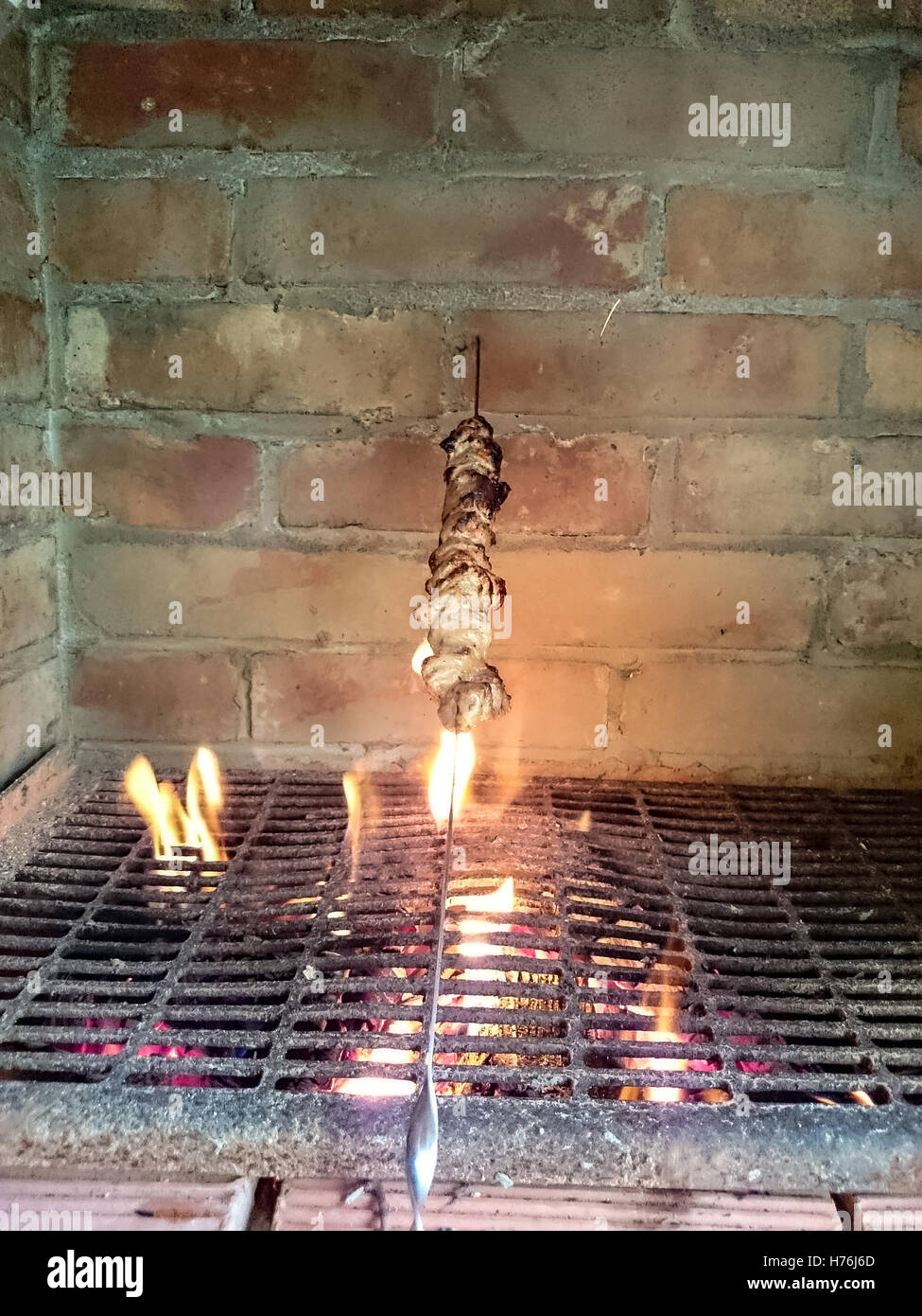 Stoves with one shish kebab, top view Stock Photo