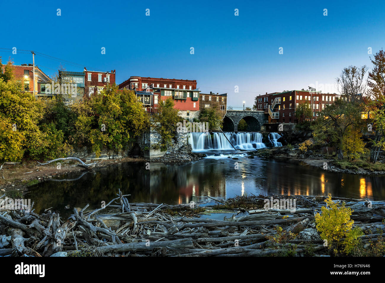 Charming downtown Middlebury village and Otter Creek at dusk, Vermont, USA. Stock Photo