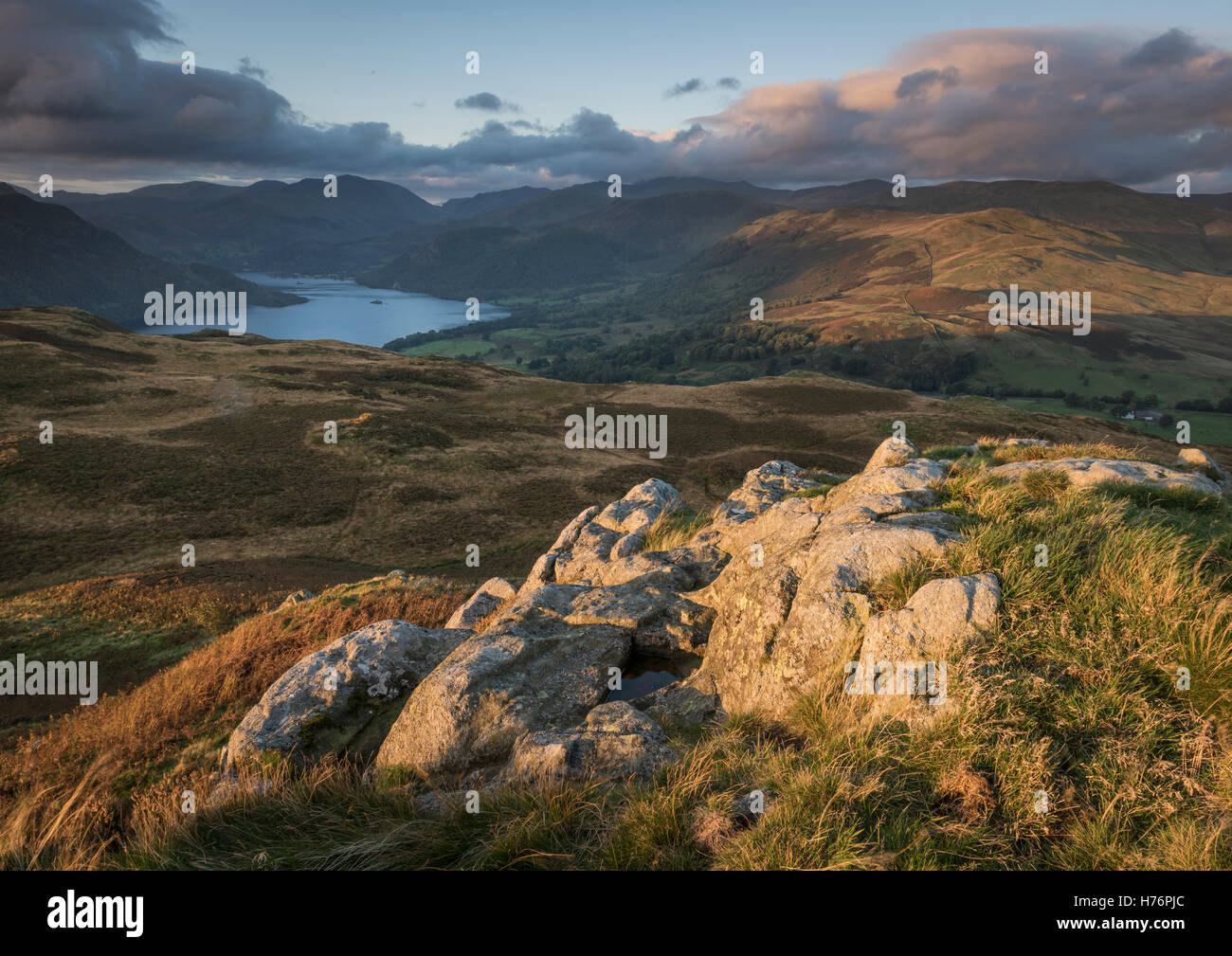 View towards Ullswater from Gowbarrow Fell in autumn morning light, English Lake District national park, Cumbria, Stock Photo