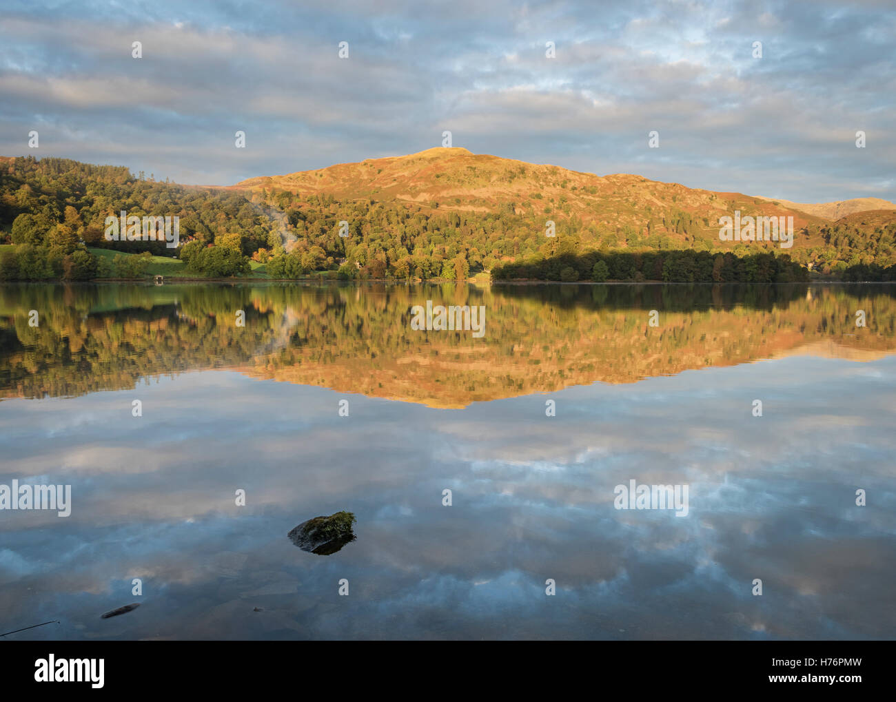 Silver How reflected in Grasmere in autumn, English Lake District national park, England, UK Stock Photo