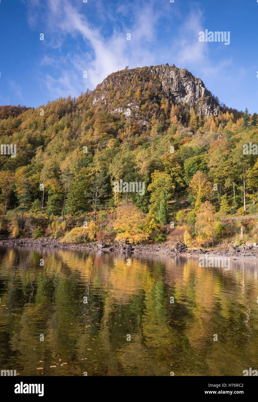 Autumn colours at Raven Crag reflected in Thirlmere, English Lake District national park, Cumbria, England, UK Stock Photo