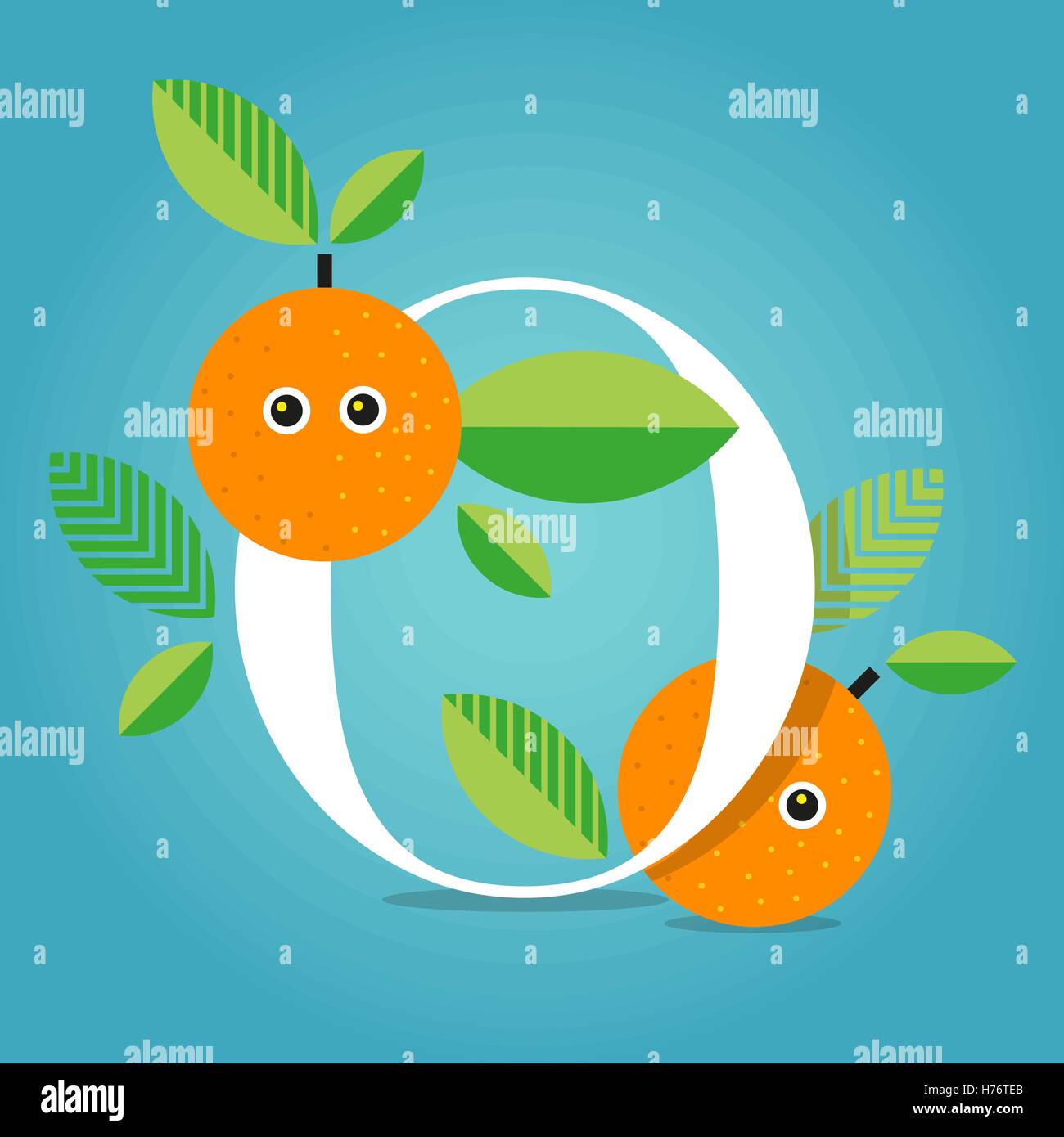 Colorful flat vector illustration of initial alphabet letter O with oranges, leaves and gradient background Stock Vector