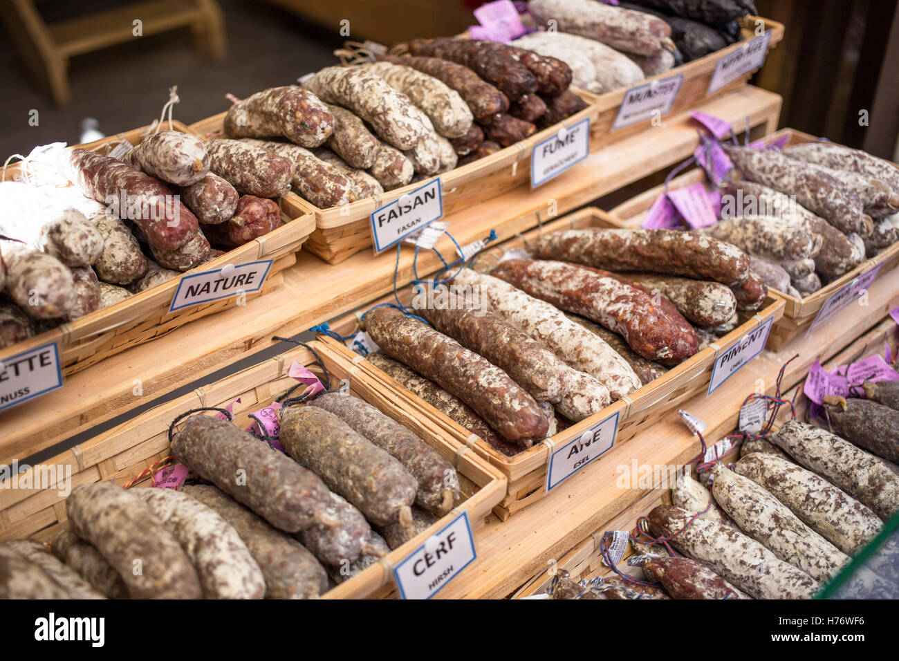 Sausages on sale in Eguisheim, Alsace region of North Eastern France Stock Photo