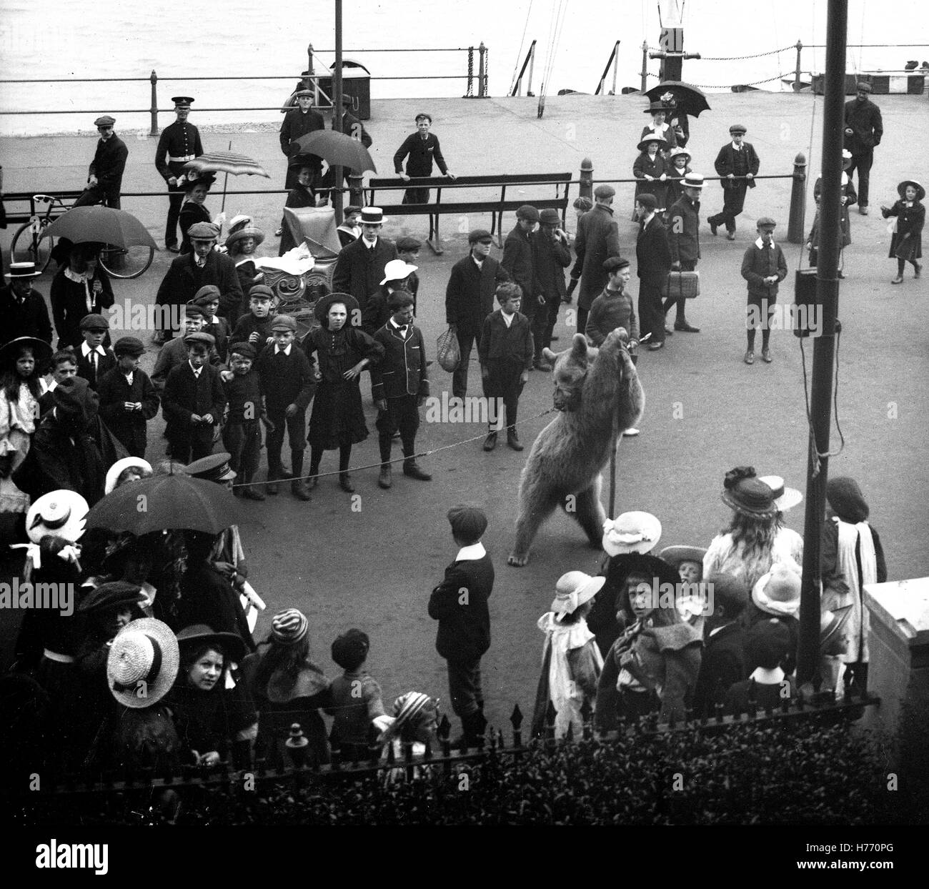 Dancing bear watched by crowd on the seafront at Dover in Kent 1909 Stock Photo
